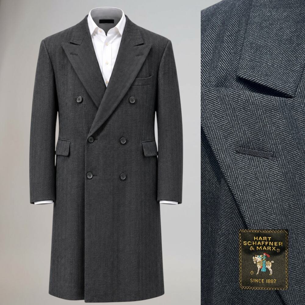 Hart Schaffner Marx Double Breasted Overcoat 46R Gray Herringbone Virgin Wool